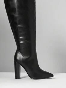 SHUZIA بوت نسائية رائعة من الجلد الاصطناعي الأسود ذات رؤوس مدببة وكعب سميك وساق واسعة مناسبة للرقص والحفلات في فصلي الخريف والشتاء - الأسود - مشاهدة 5