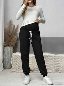 SHEIN 可调节腰部蝴蝶结装饰孕妇裤，秋季服装 - 黑色 - 查看 3