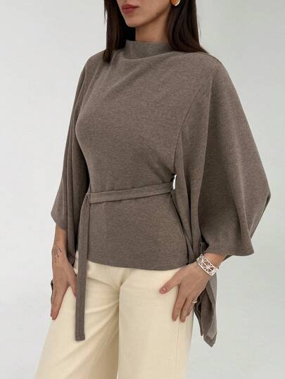 Aloruh Women's Taupe Wool Cape Cover-Up,Autumn Elegant Office Brunch Stand Collar Flare Sleeve Belted Top, Detachable Belt Winter Fashionable Top