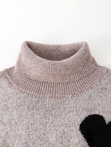 Sparklyn Teen GirlNew Autumn/Winter Slim Fit, Sweet Korean Style, Stylish Heart Design High Neck Knit Dress, Suitable For Home, Outing, Party, Back To School Heart Pattern Dress Sweater Dress Long Sleeve Dresses Turtleneck Dress Winter Dresses For Teens Teens Jumpers Dress - Grey - View 5