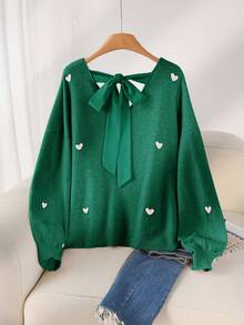 CosyJoli Áo len chui đầu hở lưng cổ chữ V họa tiết trái tim màu be cỡ lớn thường ngày - màu xanh lá - Xem 6