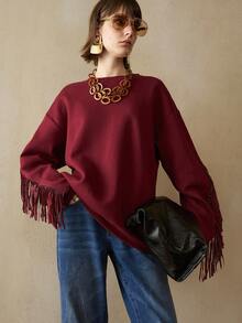 Arave Women's Cotton Loose Round Neck Fringe Design Everyday Casual Long Sleeve Sweatshirt    Winter Clothes For Women Tassel Sweatshirt Red Sweatshirt - Red - View 5
