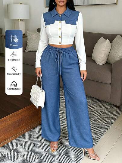 Vavine Women's Autumn/Winter Blue And White Contrast Two-Piece Set Features A Top With A Square Neckline In A Color-Block Design; Striking Blue And White Contrast Creates A Modern Eye-Catching Effect, Breaking Monotony. The Cropped Silhouette Highlights The Waist And Optimizes Proportions, While Gold Buttons Add A Refined Touch. The Blue Wide-Leg Pants Are High-Waisted With A Drawstring Design For Adjustable Comfort, Flattering For All Body Types. The Loose Fit Of The Pants Elongates The Legs; Overall Style Is Casual Yet Chic, Suitable For Daily Outings, Coffee Dates, And Relaxed Occasions. Pair With A White Handbag And Heels For A Simple Elegant Vibe.