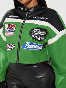 Radiana Women's Letter Print Color Block Short PU Leather Jacket, Motorcycle/Racing/Pilot Jacket, Versatile Outerwear For Autumn/Winter - Green - View 6