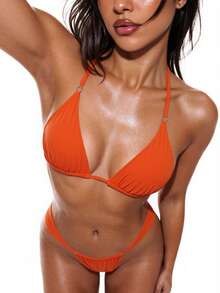 Swim Basics Solid Color Ruched Halter Two-Piece Bikini Set, Summer Beach Bathing Suit - Orange - View 2