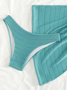 Swim Mod 3件套女士夏季沙滩度假纯色纹理面料露背扭结前比基尼套装 - 霧霾藍 - 查看 5