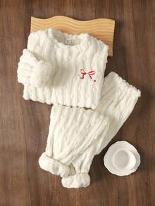 SHEIN 少女休闲双面抓绒长袖睡衣套装 - 波浪波点图案 - 杏色 - 查看 5