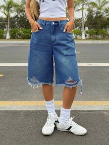 SHEIN ICON Shorts vaqueros de pierna ancha desgastados y lavados de manera casual para mujer - Azul lavado oscuro - Ver 3