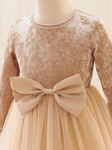 Glamorique Kids 年轻女孩优雅迷人可爱杏色天鹅绒长袖蝴蝶结紧身复古双层闪亮薄纱泡泡袖连衣裙
