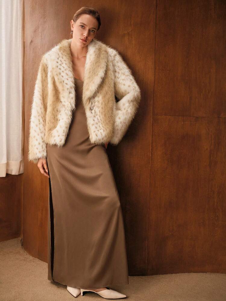 SHAWL COLLAR CASUAL DEER DOT PATTERN ELEGANT WOMEN FAUX FUR COAT