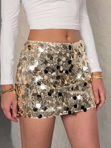 SHEIN Tall 女式闪亮迷你裙、女士派对、性感贴花、撞色亮片、拉链迷你常规剪裁低腰金色花朵、纯色女裙、春夏、派对/夜总会服装 - 金色 - 查看 3