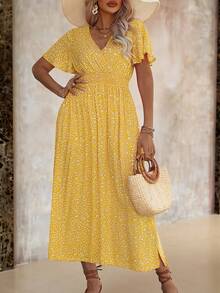 Roveilla 大码女装夏季度假风碎花重叠V领荷叶边短袖连衣裙黄色长裙黄色长裙女装黄色度假连衣裙 - 黃色 - 查看 5