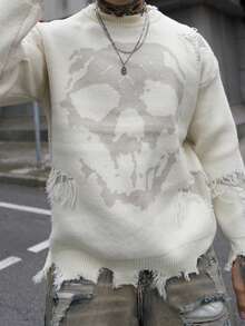 Artur Kramer ANDREILEE 男士骷髅印花做旧流苏圆领休闲毛衣，Emo 风格，适合秋冬 - 杏色 - 查看 3