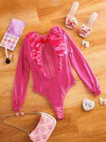 FairyFlirt Women's Ruffled Sleeve Bowknot Decor Sexy Role Play Costume Lingerie Pink Bodysuit, Christmas - Hot Pink - View 4