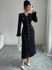 Elenzga 女士新款宴会风格黑色复古仿皮草拼接设计高端派对礼服，秋冬款 - 黑色 - 查看 1