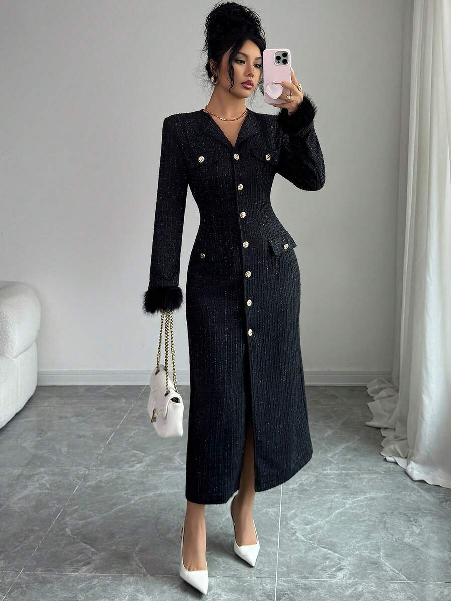 Elenzga 女士新款宴会风格黑色复古仿皮草拼接设计高端派对礼服，秋冬款 - 黑色 - 查看 1