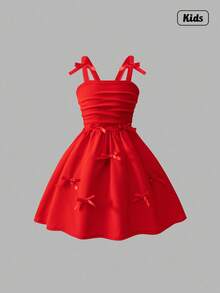 Sweetra 青少年女孩时尚优雅纯色 3D 丝带蝴蝶结肩部褶饰吊带长裙，适合派对和活动，春夏新品 - 紅色 - 查看 1