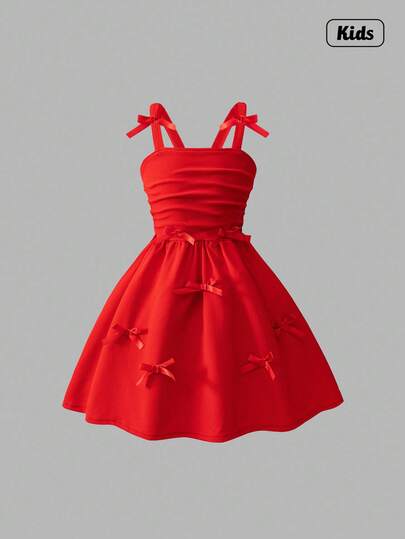 Sweetra 青少年女孩时尚优雅纯色 3D 丝带蝴蝶结肩部褶饰吊带长裙，适合派对和活动，春夏新品