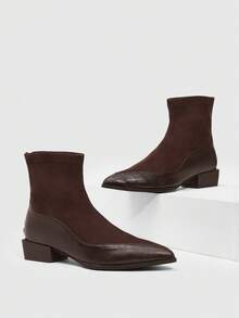 Daringsoles Women's Pointed Toe Slip-On Knee-High Boots, Black Smooth Leather Chunky Heel Mid-Calf Sexy Versatile Tall Boots - Coffee Brown - View 7