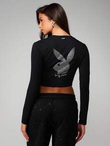 Missguided x Playboy 长袖水钻烫钻V领T恤，饰有兔子图案，适合休闲冬季穿着 - 黑色 - 查看 2