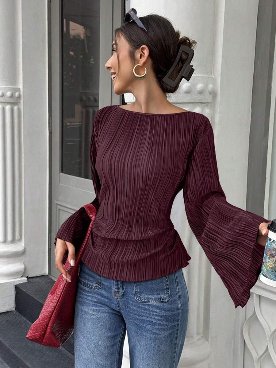 Elenzga Autumn/Winter Wide Round Neck Flare Sleeve Cinched Waist Pleated Shirt - Burgundy - View 1