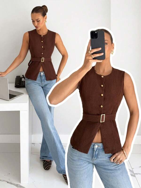 Siren Gaze Damen einfarbiges Camisole mit Knopfleiste am Rundhalsausschnitt, geeignet für den Sommer-Arbeitsweg