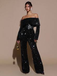 SHEIN BAE Elegante y encantadora blazer de hombro descubierto para mujer, atuendo elegante y brillante para fiestas y Navidad, glamorosa blazer de un solo hombro, perfecta para atuendos de fiesta y looks de citas, blazer de un solo hombro con cinturón. Ropa de otoño e invierno para mujer - Negro - Ver 4