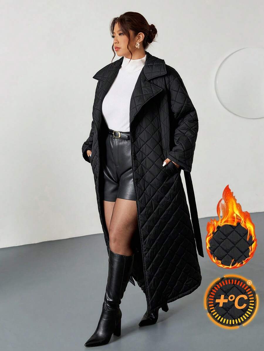 Firerie Abrigo acolchado de unicolor simple para uso diario y casual con cuello de solapa y cinturón de amarre para mujer talla grande, invierno - Negro - Ver 1