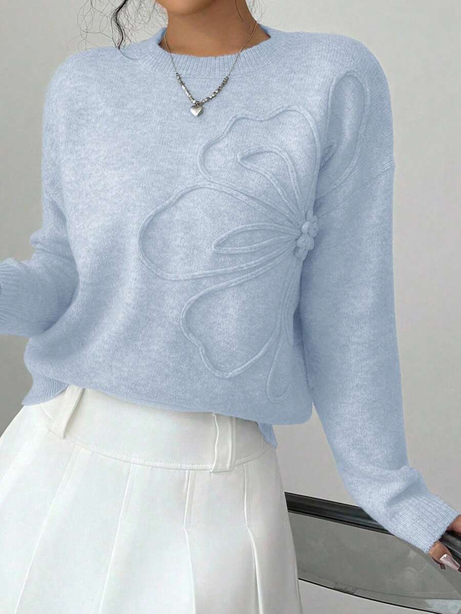 SHEIN 青少年女孩花卉圖案純色圓領秋季毛衣,3D花朵裝飾,適合冬季與萬聖節 - 藍色 - 查看 1