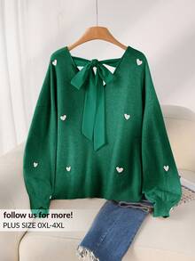 CosyJoli Áo len chui đầu hở lưng cổ chữ V họa tiết trái tim màu be cỡ lớn thường ngày - màu xanh lá - Xem 1