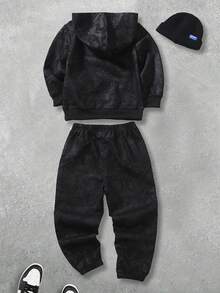 SHEIN 2 件套年轻男孩休闲纯色扎染运动衫 + 裤子，适合日常、上学、旅行、户外玩耍、春秋季 - 黑色 - 查看 2