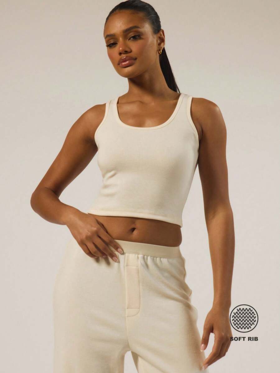 MUSERA ESSENTIALS 深V领柔软罗纹背心，秋冬内衣，舒适居家日常必备，春夏度假休闲两相宜。 - 米色 - 查看 1