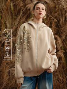 Arave Women's Cotton Loose Fit Hand-Stitched Placket Zipper Hooded Design Daily Casual Sweatshirt   Winter Clothes For Women Khaki Sweatshirt - Khaki - View 3