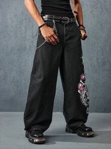 ROMWE MEN Anime Men's Fashion Street Dragon & Sakura Print Loose Wide Leg Flared Jeans, Belt Not Included - Black - View 5