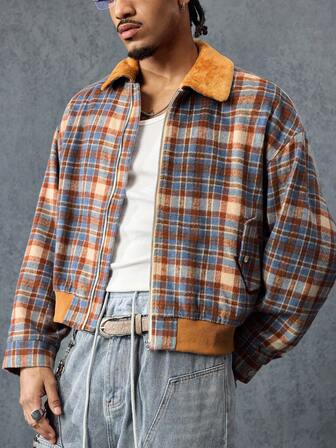 Street Life Abrigo casual con cuello vuelto, cierre de cremallera y estampado de cuadros para hombre en otoño/invierno