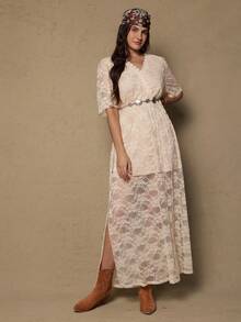 Freevana Plus Size Solid Color Criss-Cross Wrap Front Midi Sleeve Split Hem Lace Dress Maxi Dress Lace Dress For Women Western - Apricot - View 1