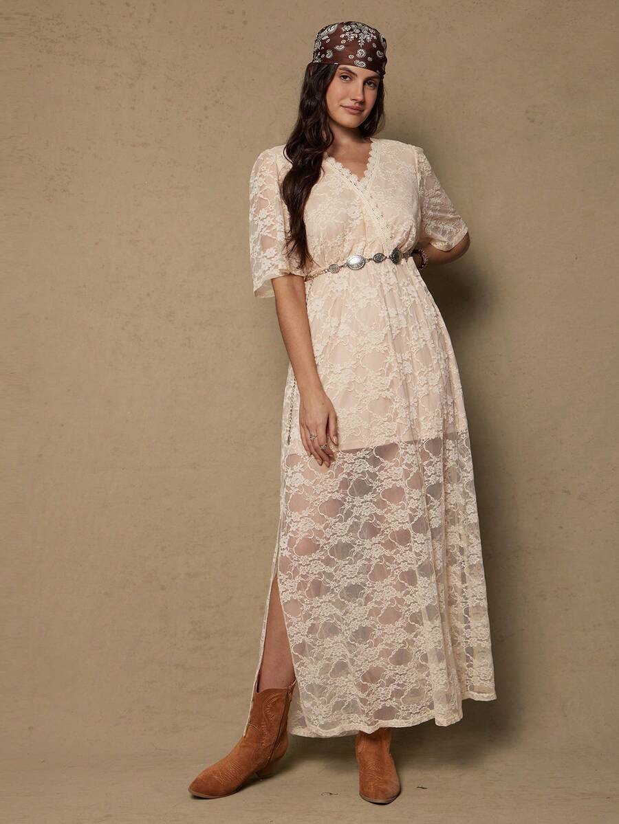 Freevana Plus Size Solid Color Criss-Cross Wrap Front Midi Sleeve Split Hem Lace Dress Maxi Dress Lace Dress For Women Western - Apricot - View 1
