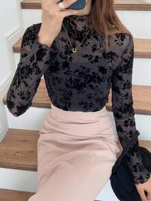 FRIFUL 女士时尚性感透视修身高领长袖上衣 - 黑色 - 查看 8