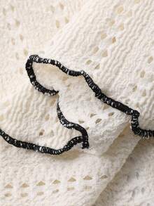 FRIFUL 女士镂空纹理喇叭袖撞色滚边长袖T恤 - 白色 - 查看 3