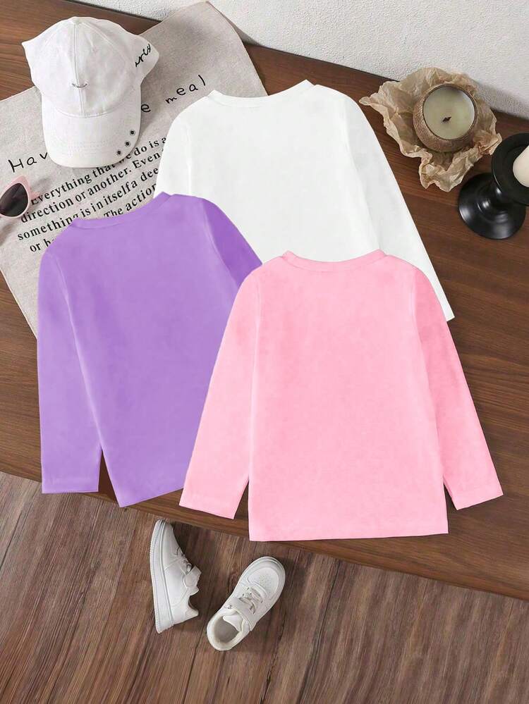 SHEIN 3pcs Young Girls Casual Cute Comfortable Pastel Colored Cartoon Smiling Face & Letter Print Long Sleeve Crew Neck T-Shirts, Versatile Tops For Autumn/Winter Fall - Multicolor - View 2