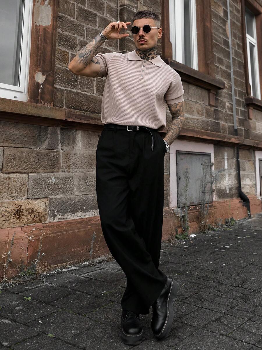 Manfinity Homme 男士设计师正装裤，时尚休闲正式黑色西装裤，优雅垂坠效果 - 黑色 - 查看 1