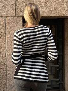SHEIN PariChic Cardigan Rajut Lengan Panjang Leher V Motif Blok Warna untuk Wanita, Musim Gugur/Dingin - Hitam - View 2
