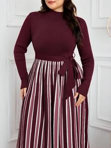 Modelyn Plus Size Casual Striped Patchwork Knit Dress, Autumn/Winter - Burgundy - View 6