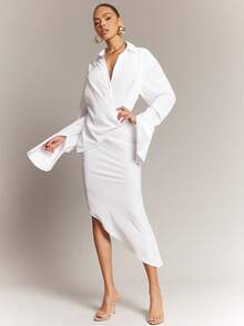 Hauture 女士办公室休闲优雅低领侧开衩超长袖衬衫裙 - 白色 - 查看 1