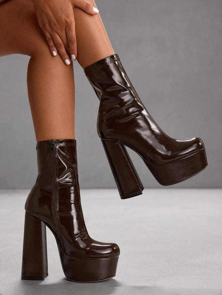 CUCCOO SZL Women Shoes Brown Square Heel Stretch Style Simple Banquet Party Side Zip Women's And Ankle Boots And Boots Women's Boots Stretch Women's Boots