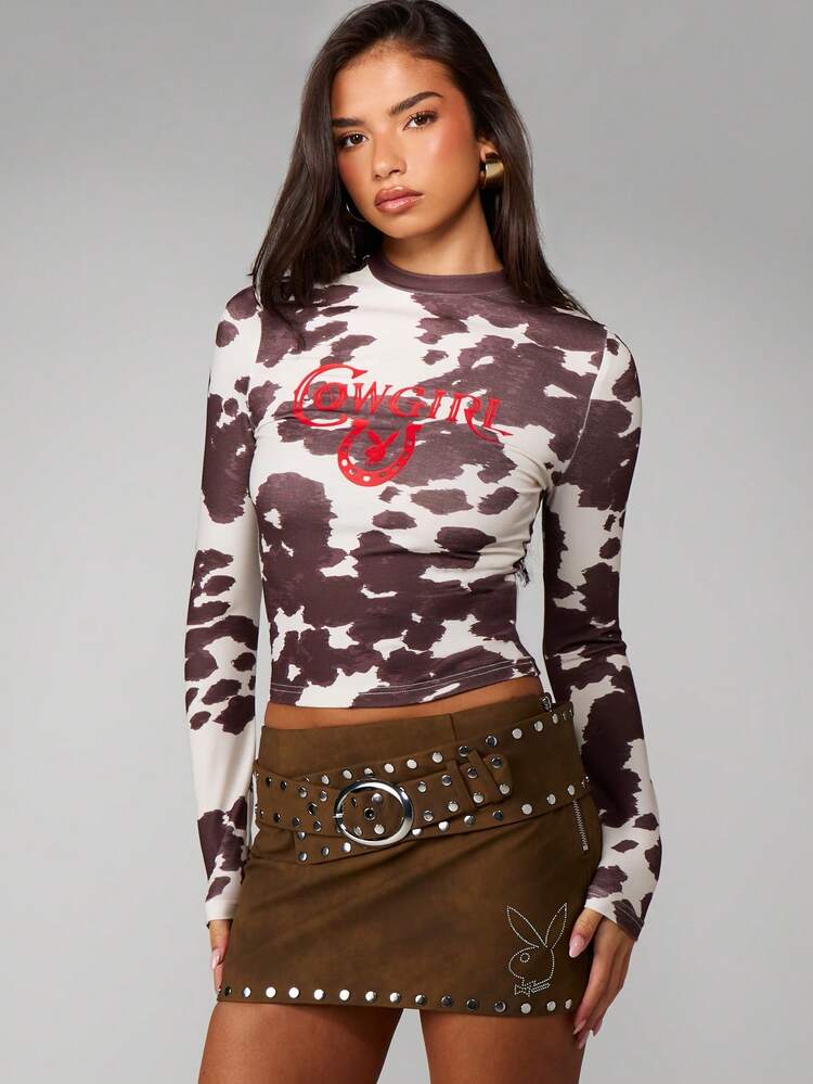 Missguided x Playboy Maglietta a maniche lunghe corta con stampa di mucca e maniche a contrasto, ideale per i look a strati in autunno e inverno