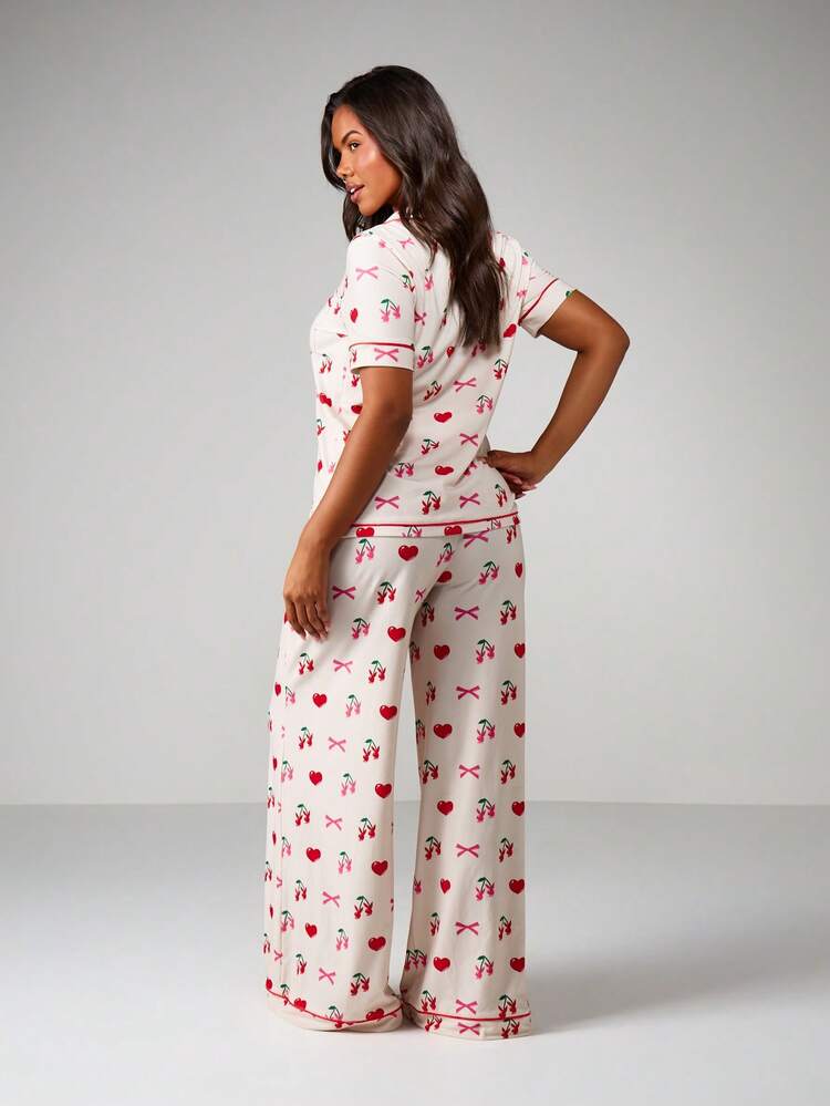 Missguided x Playboy Cherry Print Button Up Pajama Set With Hearts And Bows Long Sleeve Sleep Loungewear
