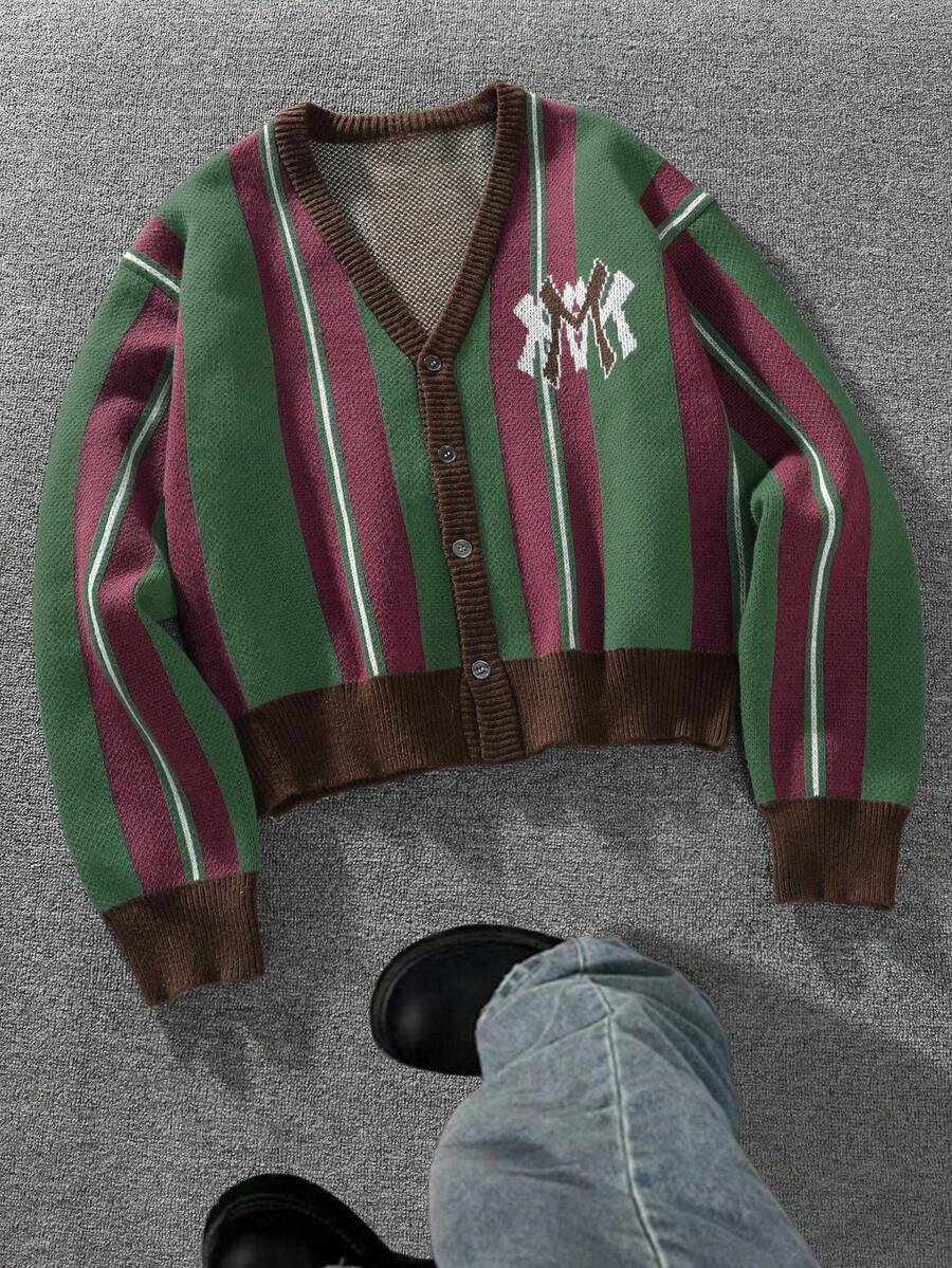 Manfinity ZONE917 男士撞色条纹V领长袖纽扣前开襟休闲针织开衫 - 軍綠色 - 查看 1