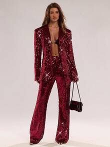 SHEIN BAE Autumn/Winter New High-End Shiny Sequin Blazer Jacket, Elegant Lady Long Sleeve Suit Top, Women's For Concerts, Music Festivals, Parties - Burgundy - View 1