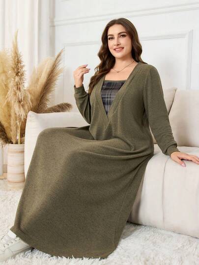 Lacomfia Plus Size Women Plaid Patchwork Casual Homewear Dress, Autumn/Winter